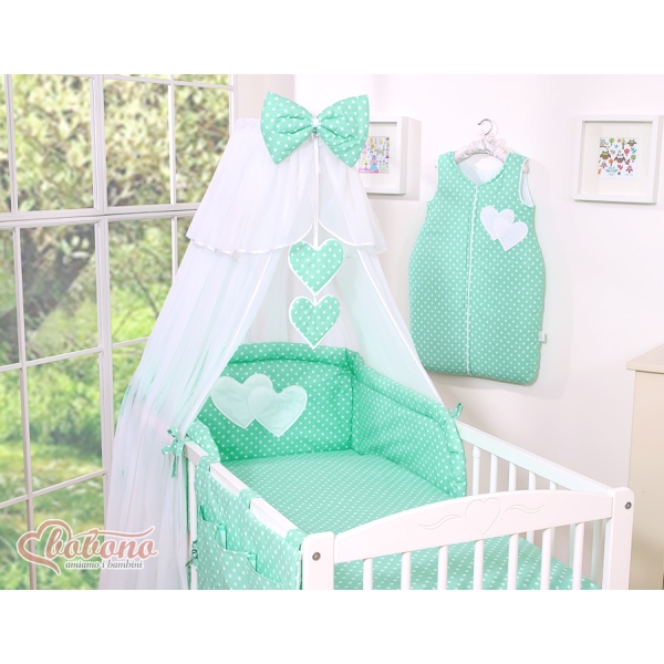 Biancheria con Baldacchino e Paracolpi Lettino Neonati 5 parti Menta Pois Bianchi Cuori
