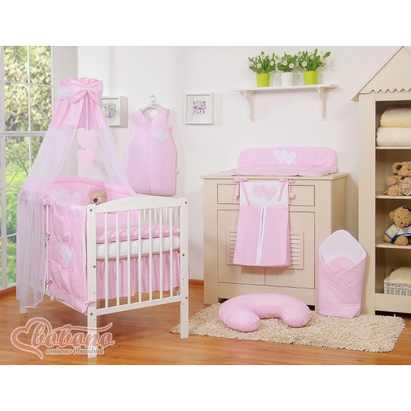 Biancheria con Baldacchino e Paracolpi Lettino Neonati 5 parti Rosa a Strisce Cuori
