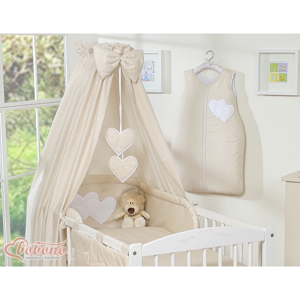 Biancheria da Lettino 7 parti con Baldacchino Beige Pois Bianchi Cuori