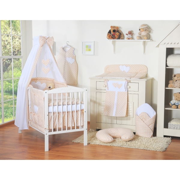 Biancheria da Lettino 7 parti con Baldacchino Beige Pois Bianchi Cuori