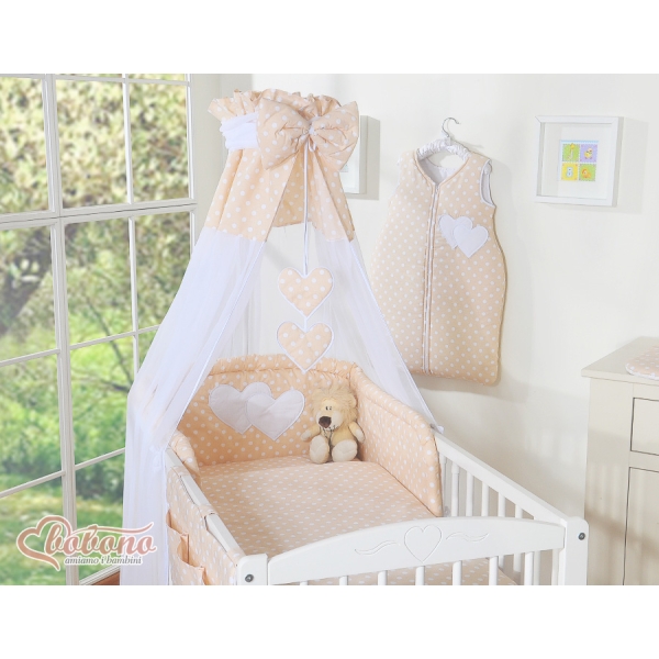 Biancheria da Lettino 7 parti con Baldacchino Beige Pois Bianchi Cuori