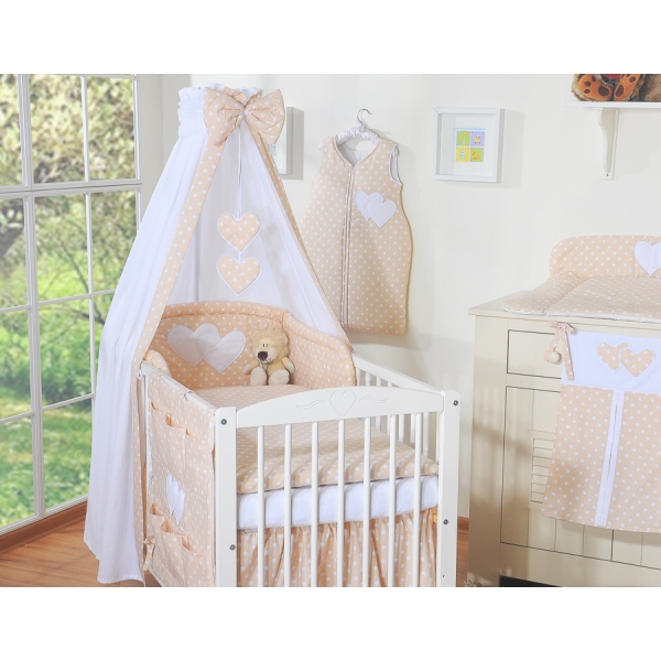 Biancheria da Lettino 7 parti con Baldacchino Beige Pois Bianchi Cuori