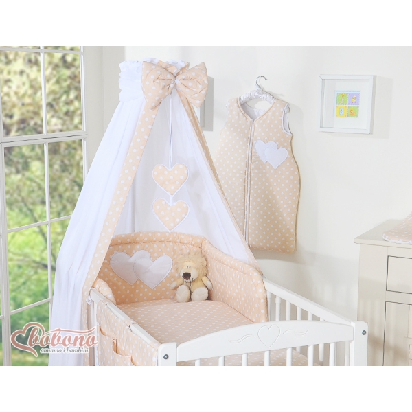 Biancheria da Lettino 7 parti con Baldacchino Beige Pois Bianchi Cuori