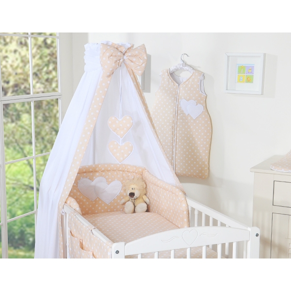 Biancheria da Lettino 7 parti con Baldacchino Beige Pois Bianchi Cuori