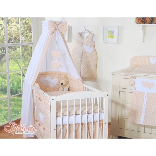 Biancheria da Lettino 7 parti con Baldacchino Beige Pois Bianchi Cuori