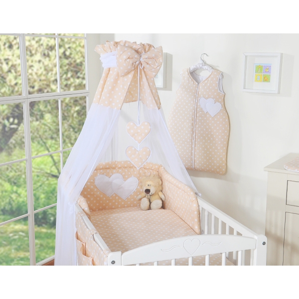 Biancheria da Lettino 7 parti con Baldacchino Beige Pois Bianchi Cuori