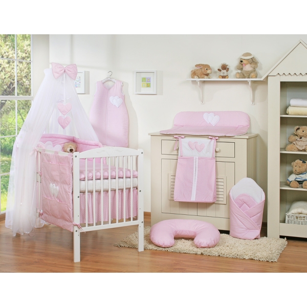 Biancheria da Lettino 7 parti con Zanzariera Rosa Pois Bianchi Cuori