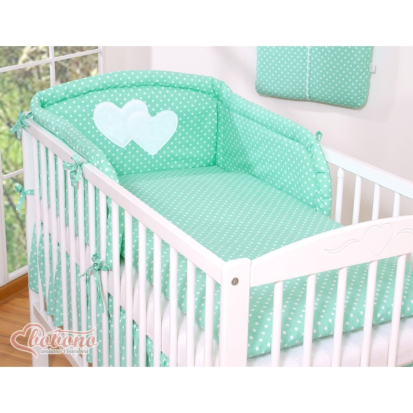 Biancheria da Lettino con Paracolpi 3 parti Menta Pois Bianchi Cuori