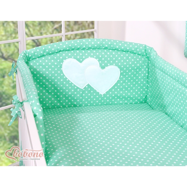 Biancheria da Lettino con Paracolpi 3 parti Menta Pois Bianchi Cuori