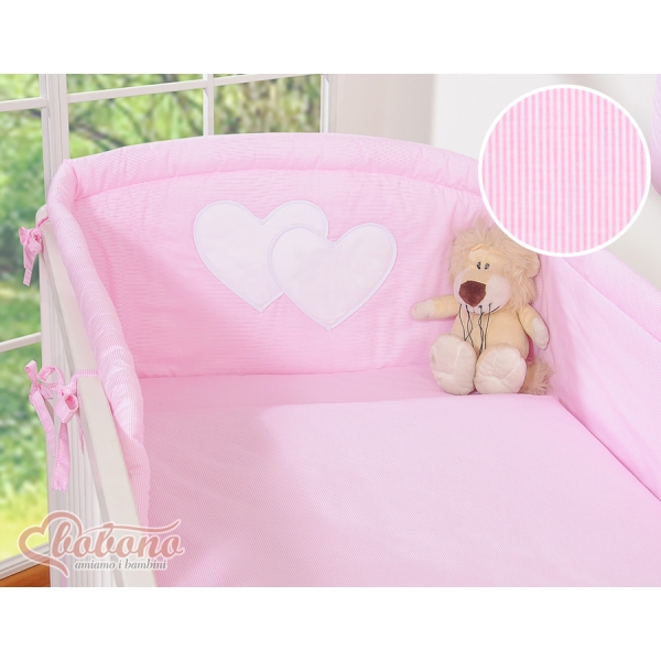 Biancheria da Lettino + Paracolpi 3 parti Rosa a Strisce Cuori
