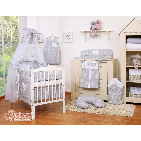 Biancheria da Letto con Baldacchino 5 parti Grigio Pois Bianchi Cuori