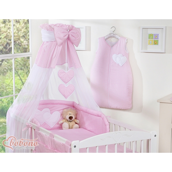 Biancheria da Letto con Baldacchino 5 parti Rosa Pois Bianchi Cuori