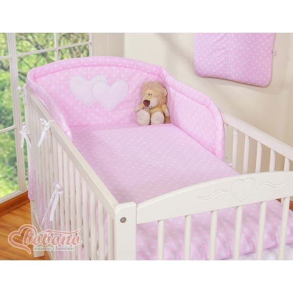 Biancheria Lettino 2 parti Rosa Pois Bianchi Cuori