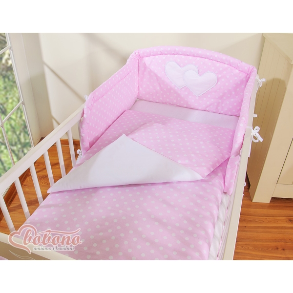 Biancheria Lettino 2 parti Rosa Pois Bianchi Cuori