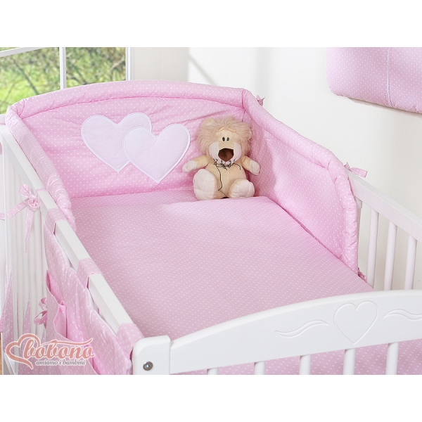 Biancheria Lettino 2 parti Rosa Pois Bianchi Cuori