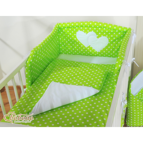 Biancheria Lettino 2 parti Verde Pois Bianchi Cuori