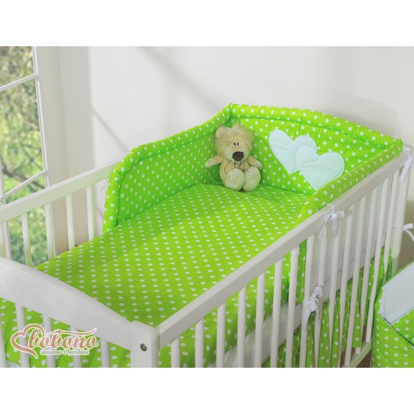 Biancheria Lettino 2 parti Verde Pois Bianchi Cuori