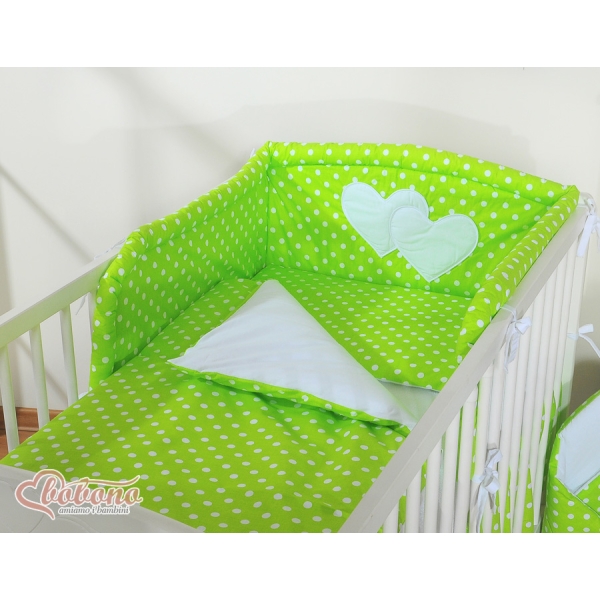 Biancheria Lettino 2 parti Verde Pois Bianchi Cuori