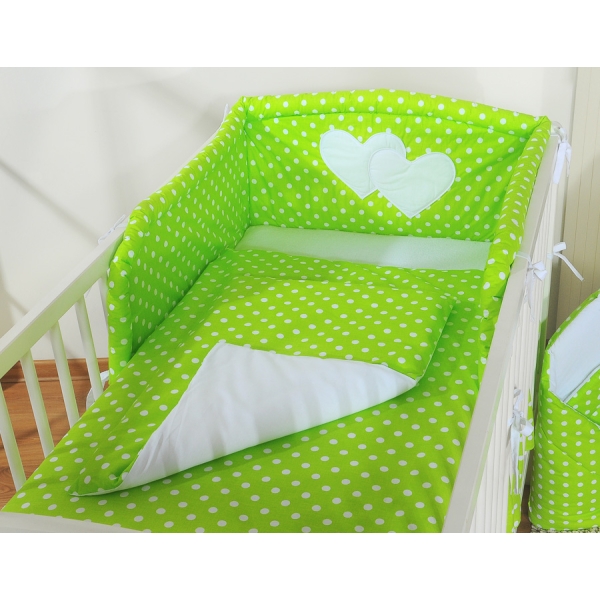 Biancheria Lettino 2 parti Verde Pois Bianchi Cuori
