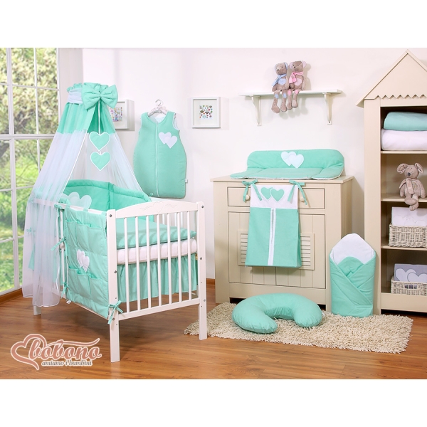 Biancheria Notte Lettino Bambino 5 parti Menta Cuori