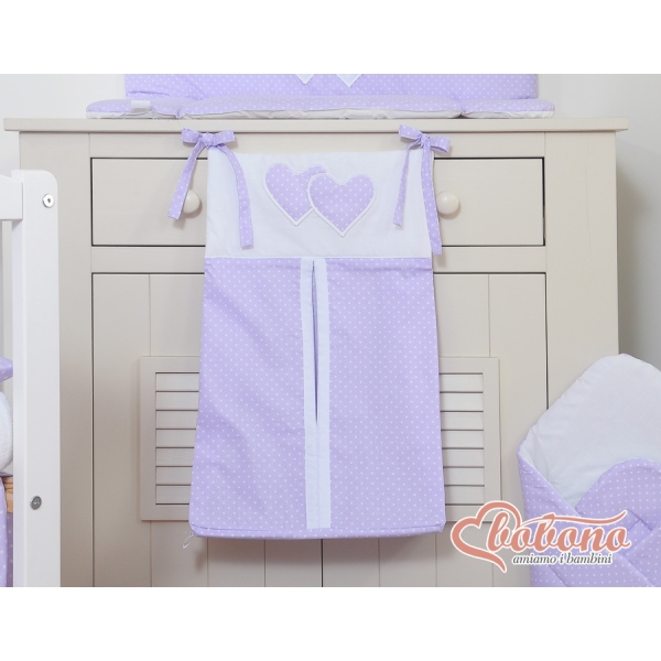 Borsa Portaoggetti Pannolini per Lettino Lilla Pois Bianchi Cuori