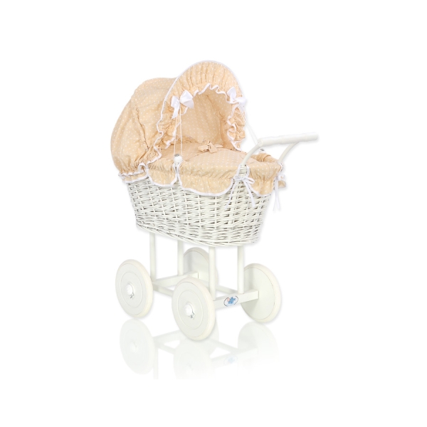 Carrozzina in Rattan per le Bambole Bianca Beige Pois Bianchi