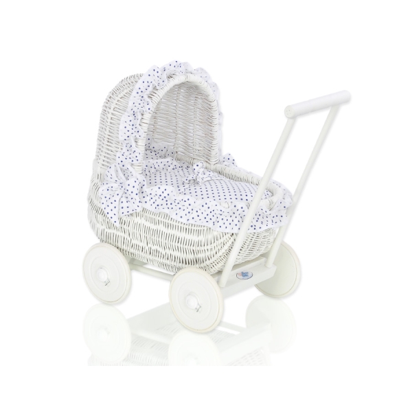 Carrozzina in Rattan per le Bambole Bianca Blu Navy Pois Bianchi