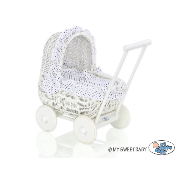 Carrozzina in Rattan per le Bambole Bianca Blu Navy Pois Bianchi
