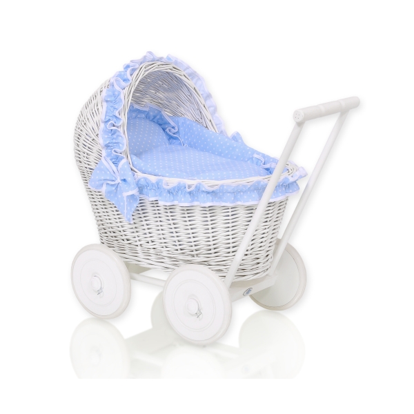 Carrozzina in Rattan per le Bambole Bianca Blu Pois Bianchi