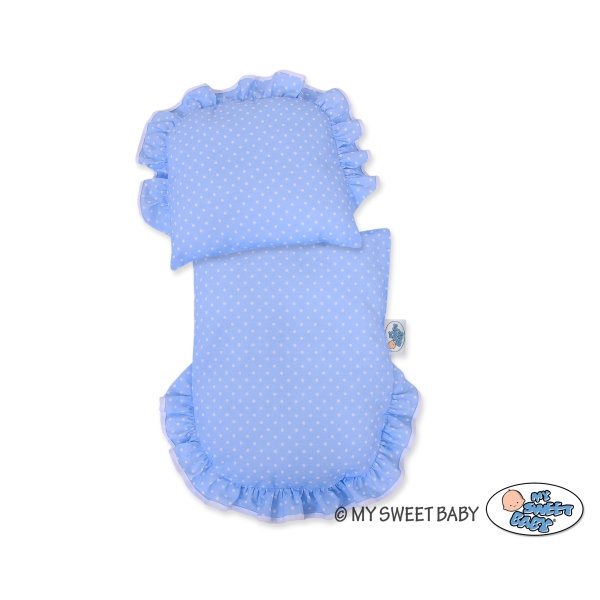 Carrozzina in Rattan per le Bambole Bianca Blu Pois Bianchi