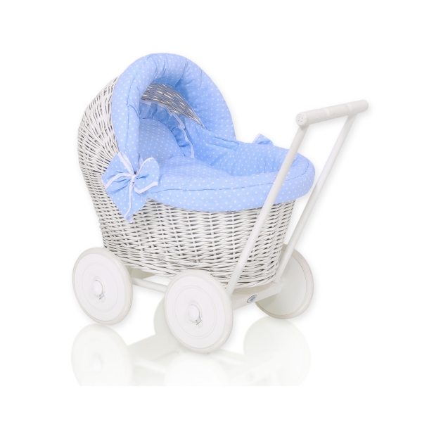 Carrozzina in Rattan per le Bambole Bianca Blu Pois Bianchi