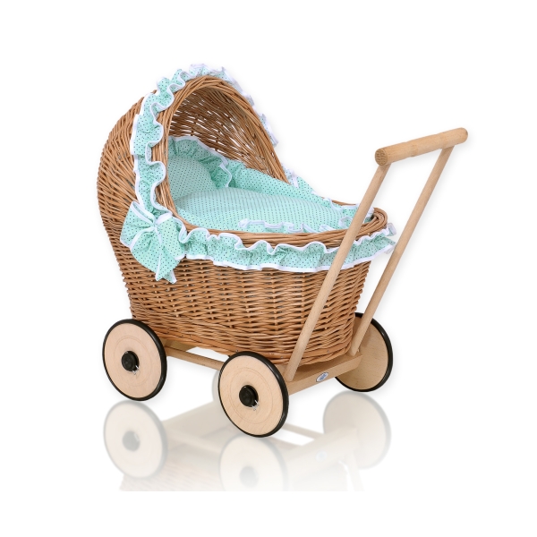 Carrozzina in Rattan per le Bambole Menta Pois Bianchi