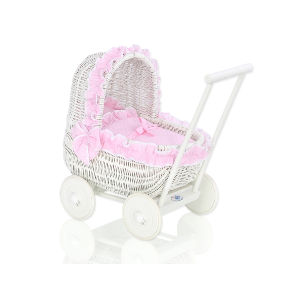 Carrozzina in Rattan per le Bambole Rosa Bianca Pois Bianchi