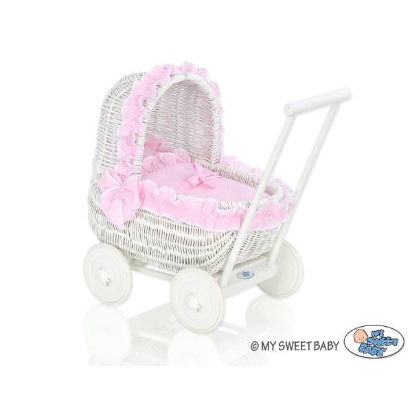Carrozzina in Rattan per le Bambole Rosa Bianca Pois Bianchi