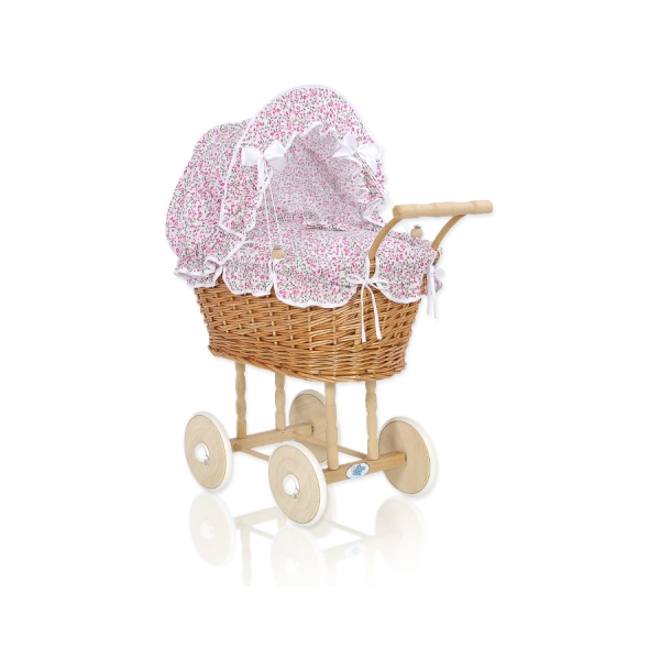 Carrozzina in Rattan per le Bambole Rosa Fiori Fiori
