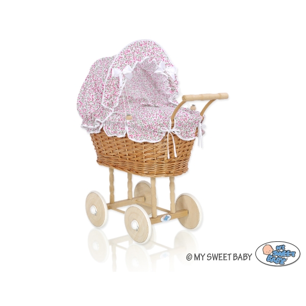 Carrozzina in Rattan per le Bambole Rosa Fiori Fiori
