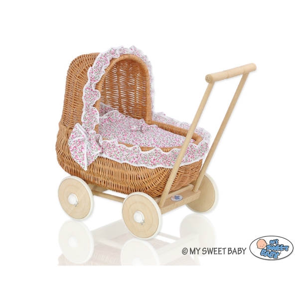 Carrozzina in Rattan per le Bambole Rosa Fiori Fiori