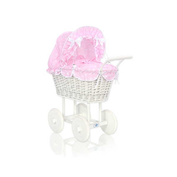 Carrozzina in Rattan per le Bambole Rosa Pois Bianchi