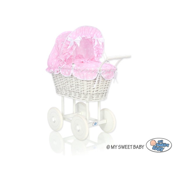 Carrozzina in Rattan per le Bambole Rosa Pois Bianchi