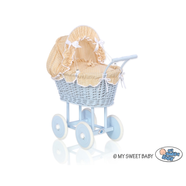 Carrozzina in Vimini con Biancheria per Bambole Bianca Beige Blu Pois Bianchi