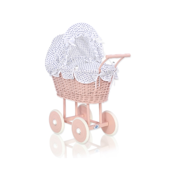 Carrozzina in Vimini con Biancheria per Bambole Bianca Blu Navy Pois Bianchi Rosa Cipria