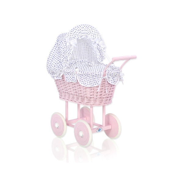 Carrozzina in Vimini con Biancheria per Bambole Bianca Blu Navy Pois Bianchi Rosa Scuro
