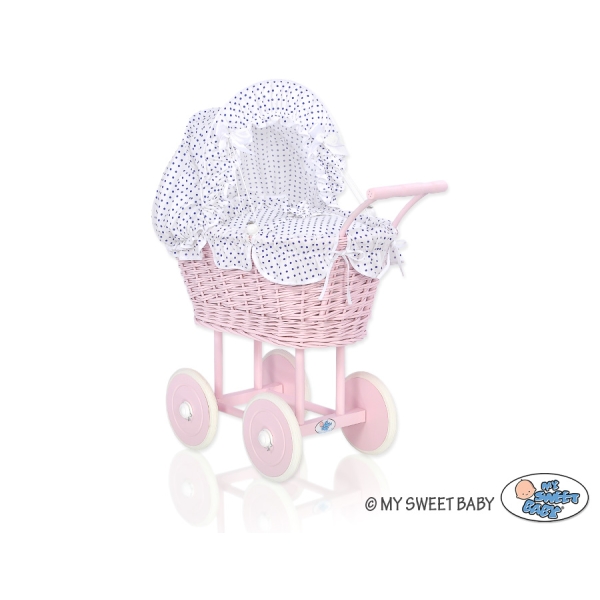 Carrozzina in Vimini con Biancheria per Bambole Bianca Blu Navy Pois Bianchi Rosa Scuro