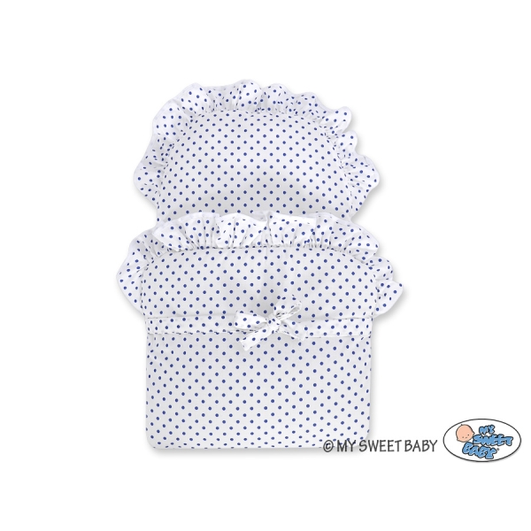 Carrozzina in Vimini con Biancheria per Bambole Bianca Grigio Blu Navy Pois Bianchi