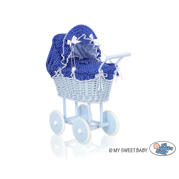 Carrozzina in Vimini con Biancheria per Bambole Blu Navy Blu
