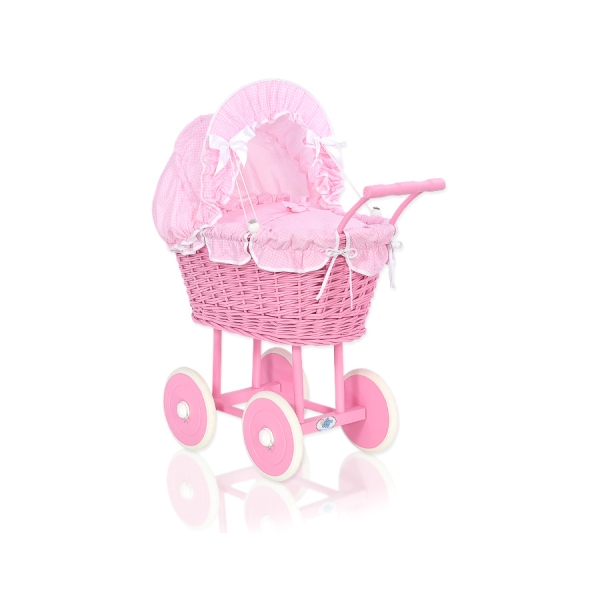 Carrozzina in Vimini con Biancheria per Bambole Rosa