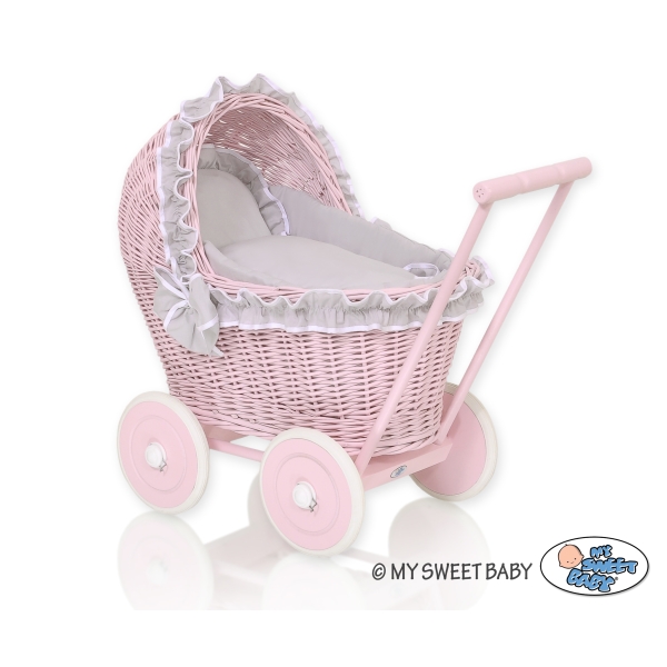 Carrozzina in Vimini con Biancheria per Bambole Rosa Grigio