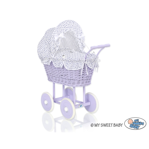 Carrozzina in Vimini con Cappottina per Bambole Bianca Blu Navy Lilla Pois Bianchi
