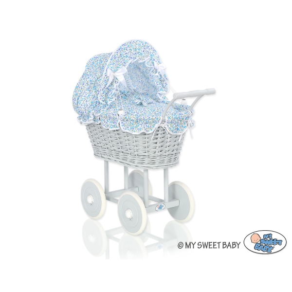 Carrozzina in Vimini con Cappottina per Bambole Blu Grigio Fiori Fiori
