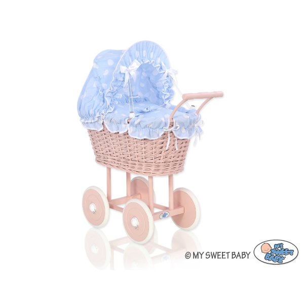 Carrozzina in Vimini con Cappottina per Bambole Blu Pois Bianchi Rosa Cipria